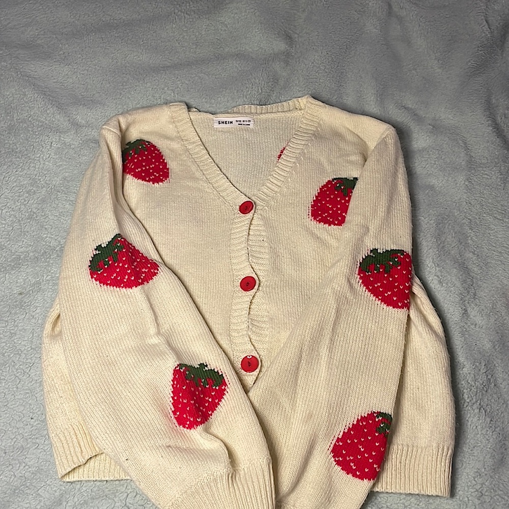 This is a cute stawberry cardigan for fall for 10 through 12 year olds.